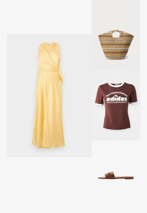 Żółta sukienka-wrap wykonana z gładkiego materiału, z dekoltem w kształcie V, bez rękawów i paskiem do związania. Całość ma delikatny wzór tekstury.; Brązowy t-shirt z krótkim rękawem z kremowym kołnierzykiem i mankietami. Na przodzie widnieje duży biały napis "Sportmanufactur adidas Herzogenaurach."; Brązowe skórzane klapki z dwiema szerokimi paskami, zdobionymi dekoracyjnym przeszyciem i złotą klamrą. Płaska podeszwa.; Torebka z plecionego słomy z wielokolorowymi paskami w kolorze brązowym, zielonym, pomarańczowym i niebieskim. Posiada płaski kształt i dwa otwory na ręce. Lekka konstrukcja.