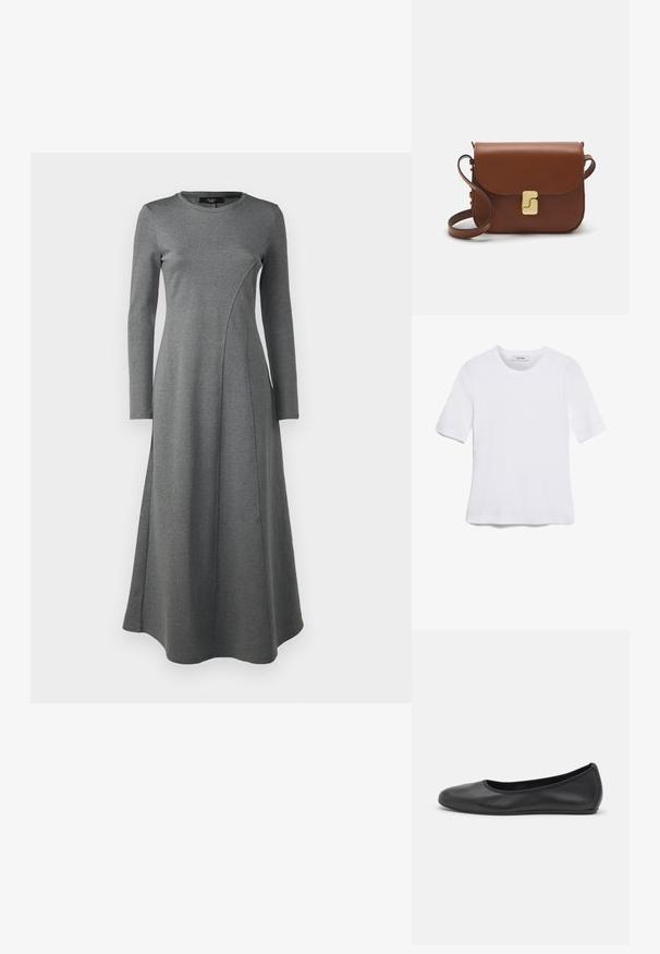 Pitkähihaista harmaata mekkoa, joka on valmistettu pehmeästä ja joustavasta materiaalista. Mekossa on pyöreä kaula-aukko ja kaarevat sauman yksityiskohdat etupuolella.; Valkoinen lyhythihainen t-paita, joka on valmistettu ribbytedusta kankaasta. Pyöreä pääntiie, normaali istuvuus ja hienovaraiset ompeluyksityiskohdat. Ei kuvioita tai grafiikkaa.; Musta nahkainen ballerina, jossa on pyöristetty kärki, sileä pinta, minimaalinen ommelkoristelu ja joustava pohjamuotoilu.; Ruskea nahkainen käsilaukku, jossa on läppäkiinnitys, kultasävyiset yksityiskohdat, olkahihna ja sileä pinta. Kompaktin suorakaiteen muotoinen.