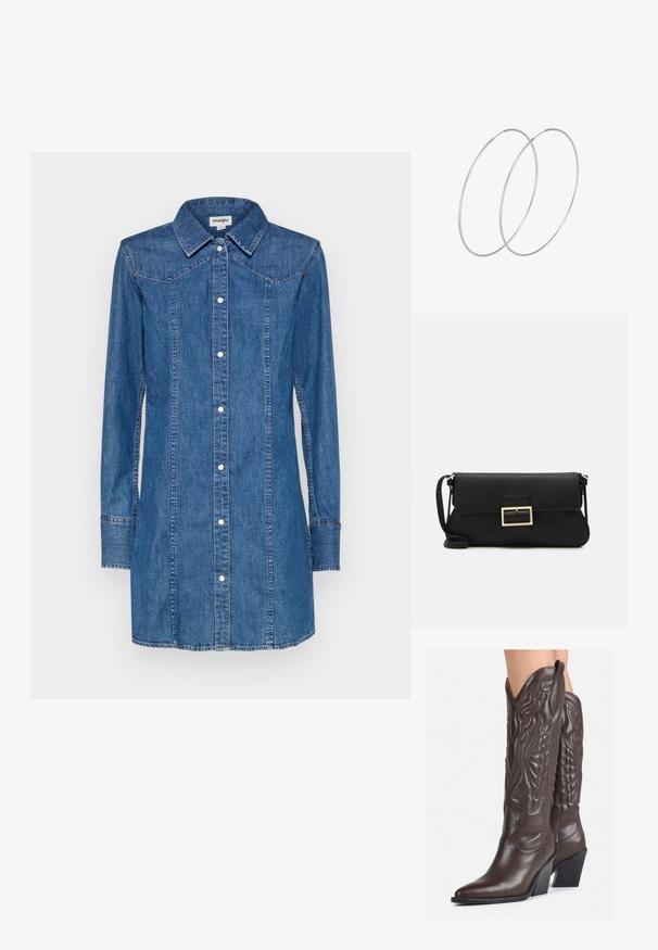 Denim-kangashirt, jossa on kaulus, pitkät hihat ja etupainonappikiinnitys. Mukana on kontrastivärinen ompelu ja rintasauman yksityiskohtia.; Ruske nahkasaappaat, joissa on terävä kärki ja laatikkokorko, varustettu yksityiskohtaisella ompelulla ja kohotetuilla yksityiskohdilla varsiosassa.; Musta nahkainen kynäpenkkilaukku, jossa on läppä ja kultainen metallinen solkiyksityiskohta. Mukana musta hihna ja tyylikäs, minimalistinen muotoilu.; Hopehope hopeilla, joissa on minimalistinen muotoilu. Pyöreä muoto, sileä pinta ja ohut profiili. Kevyet ja kiillotetut.