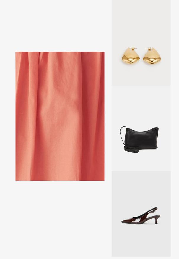 Pfirsichfarbenes Gewebe mit einer glatten Textur, das sanft geraffte Drapierungen aufweist, die eine fließende Optik erzeugen.; Braune Lackleder-Slingback-Schuhe mit spitzer Zehe und moderatem Absatz. Mit einem Schnallenriemen für einen sicheren Sitz. Glatte Textur.; Schwarze Ledertasche für die Schulter mit glatter Textur, geschwungener Form, verstellbarem Tragegurt und Reißverschluss. Minimalistisches Design ohne Verzierungen.; Goldfarbene Metallohrringe in einer glatten, abgerundeten dreieckigen Form mit Steckverschluss; reflektierende Oberfläche mit minimaler Detailarbeit.