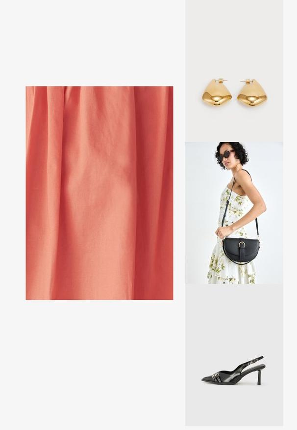 Tela de color melocotón con una textura suave, que presenta cortinas suavemente recogidas que crean una apariencia fluida.; Zapato de charol negro tipo slingback con punta afilada, correas al tobillo con hebillas y herrajes de plata, y un tacón delgado.; Bolso de piel negra con forma curva, correa desmontable y herrajes dorados. El bolso cuenta con una solapa con un detalle de hebilla.; Pendientes de metal en tono dorado con forma triangular suave y redondeada, y diseño de cierre a presión; superficie reflectante con un detalle mínimo.