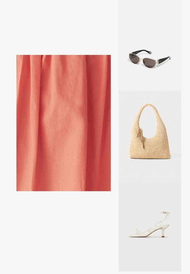 Persikka värvi kangas, millel on sile tekstuur, esitleb õrnalt kogutud kardinaid, mis loovad voolava välimuse.; Valged kontsaga sandaalid õhukeste rihmadega, ruudukujuline varvas ja 5 cm kõrge konts. Omab reguleeritavat pahkluu rihma metallist pandlaga.; Mustad ja kuldsetes prillides, kitsas ovaalne raam, tumedad läätsed ja dekoratiivsed detailid templites. Kerge ja stiilne disain.; Kootud beež käsipakiga kott, millel on kumer käepide, tekstuuriga pind ja pruun tassi detail. Omab vabalt laskevat, hobo stiilis kuju.