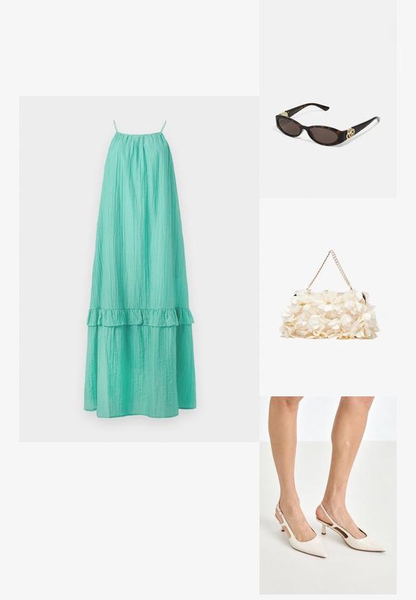 Długa, jasnoniebieska sukienka o pomarszczonej teksturze, z cienkimi ramiączkami i falbaniastym dołem dla dodatkowego akcentu.; Beżowe lakierowane szpilki z odkrytą piętą, zakończone spiczastym noskiem i 5 cm obcasem, z wyciętymi bokami oraz cienkim paskiem na kostce.; Słoneczne okulary w kolorze żółwi z wydłużonymi owalnymi soczewkami, brązowym odcieniem, złotymi akcentami logo na zausznikach oraz smukłymi czarnymi ramionami.; Biała torebka kwiatowa z marszczoną powierzchnią z tkaniny, złotą łańcuszkową rączką i metalowym zapięciem. Posiada teksturowane płatki jako dodatkowy detal.