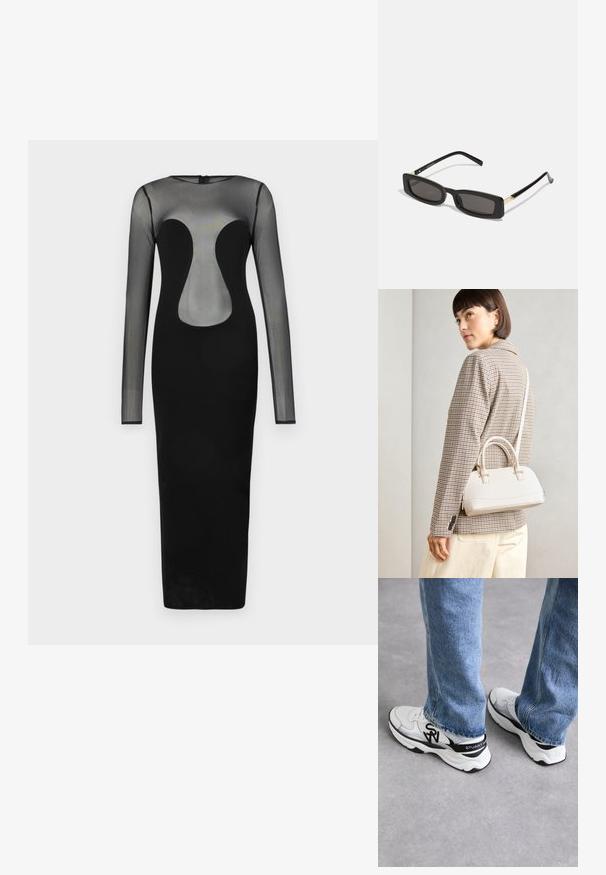 Fekete, hosszú ujjú ruha, áttetsző felső résszel, geometrikus kivágásos dizájnnal. A szoknya testhez simuló, egyszínű fekete anyagból készült.; Fehér és szürke sportcipők, texturált hálós felsőrésszel, fekete részletekkel, és feltűnő logóval az oldalon és a sarkon, kék farmernadrággal párosítva.; Fekete téglalap alakú napszemüveg sötét lencsékkel, fényes műanyag kerettel, arany díszítéssel az temples. Minimalista design és elegáns forma.; Fehér, strukturált kézitáska rövid füllel és vállpánttal, arany színű fém kiegészítőkkel és texturált anyagból, szürke háttér előtt bemutatva.