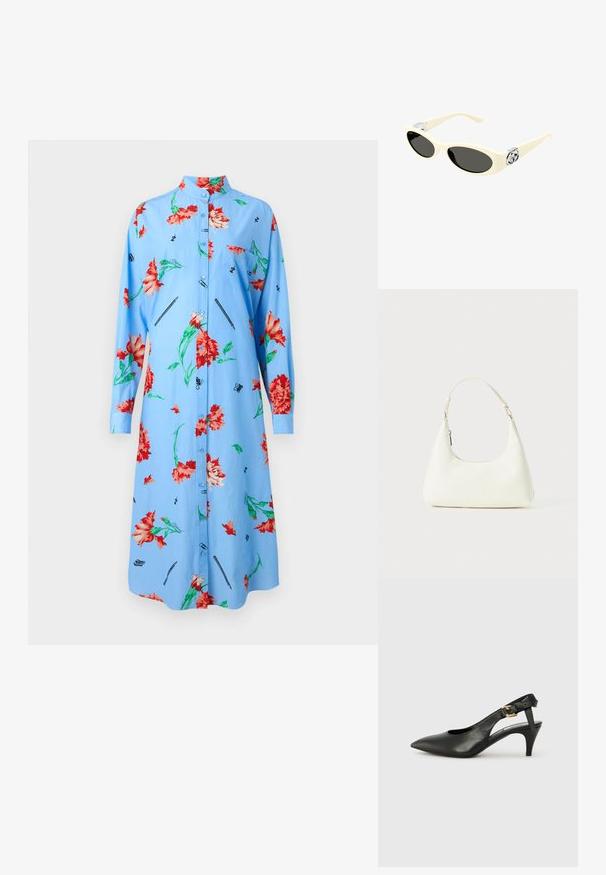 Rochie albastră deschisă cu mâneci lungi, model floral în roșu și verde, închidere cu nasturi în față, guler și detalii imprimate precum stilouri și fluturi.; Pantofii slingback din piele neagră, cu vârf ascuțit, toc mic și detaliu cu cataramă pe brățara gleznei. Textură netedă, design minimalist.; Ochelari de soare de culoare crem, cu lentile ovale, nuanță neagră și accente metalice cu logo la temple. Textură netedă, design tip cat-eye.; Geantă mică albă pentru umăr, cu o curea ajustabilă și închidere cu fermoar, pe un fundal alb simplu.