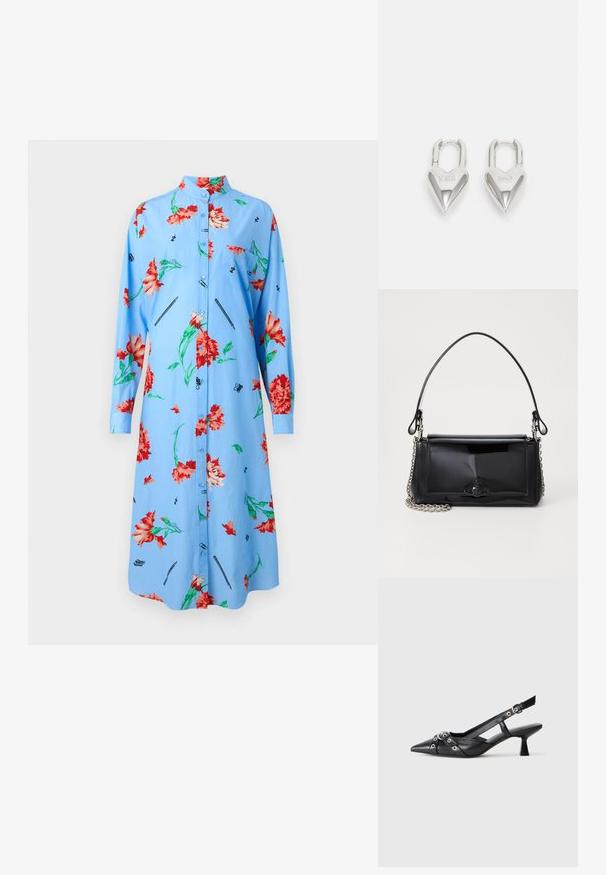 Ljusblå klänning med långa ärmar, blommigt mönster i röd och grön, knäppning fram, krage, och tryckta detaljer som pennor och fjärilar.; Svart lädersko med slingback-design, spetsig tå, dekorativa remmar med metallöglor och en låg klack. Texturerad yta.; Svart lackläderhandväska med rektangulär form, kedjestropp och en distinkt hårdvaruaccent i mitten. Slät textur.; Silverfärgade hartsformade hänglås med ingraverade "JA" och "NEJ"-texter, polerad yta, symmetrisk design och en robust metallklolukning.