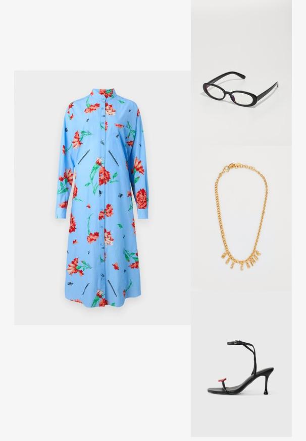 Gaiši zils kleitas ar garām piedurknēm, ziedu raksts sarkanā un zaļā krāsā, pogājamā priekšpuse, apkakle un drukāti sīki attēli, piemēram, pildspalvas un tauriņi.; Melnas papēžu sandales ar plānu potītes siksniņu un sarkanu akcentu uz pirksta. Ievērojama ar elegantu dizainu un spīdīgu apdari ar stiletto papēdi.; Ovālas melnas brilles ar caurspīdīgiem stikliem, ar gludu apdari un platiem tempļiem. Stikliem ir smalka purpura nokrāsa. Logo sānos.; Zelta ķēdes kaklarota ar piekariņu burtiem, kas veido vārdu "MOSCATO". Gluda virsma ar omālā āķīšu aizdari un dažādu izmēru saitēm.