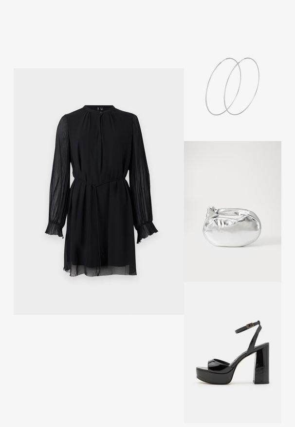 Melnā kleita ar apaļu dekoltē, garām caurspīdīgām krokotām piedurknēm un jostas siksnu. Audums ir gluds, ar plūstošu siluetu un ruffļiem pie piedurknēm.; Melnas lakotas ādas platformas sandalēs ar potītes siksniņu, kuru kriptā ir masīla augsta papēža un atvērtā pirksta dizains. Gluda tekstūra un spīdīga apdare.; Sudraba metāliska poga somiņa ar mīkstu, noapaļotu formu un mezgla augšējo aizdari. Izgatavota no gludas mākslīgās ādas materiāla.; Sudraba gredzenveida auskari ar minimālistisku dizainu. Cirkulāra forma, gluda tekstūra un plāns profils. Vieglu svaru ar spīdīgu apdari.