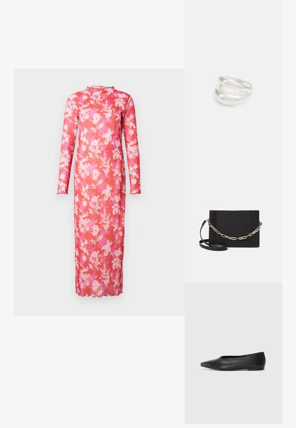 Długa kwiecista sukienka z przezroczystej różowej tkaniny, z wysokim dekoltem, długimi rękawami i falbaniastym dołem, z żywym wzorem różowo-białych kwiatów.; Czarne baleriny z lakierowanej skóry, spiczasty nosek, minimalistyczny design, gładka faktura, niskie obcasy, bez widocznych elementów metalowych czy ozdób.; Czarna skórzana torebka typu crossbody z gładką teksturą, prostokątnym kształtem oraz metalowym detalem w postaci łańcuszka z przodu. W zestawie regulowany pasek.; Srebrna obrączka podwójna z gładką, polerowaną powierzchnią. Posiada płynny, zakrzywiony kształt z nakładającymi się sekcjami, co nadaje nowoczesny wygląd.