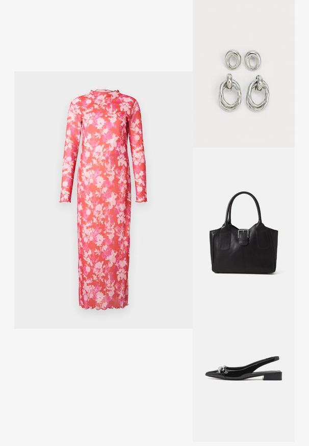 Lang blomstret kjole i gjennomsiktig rosa stoff, med høy hals, lange ermer og bølgete kant, prydet med et livlig mønster av rosa og hvite blomster.; Sorte patentlær slingback-sko med spiss tå, detaljer i sølv og lav blokkheel. Glatt, skinnende tekstur gjennom hele.; Svart skinn toteveske med jevn tekstur, strukturert form, to håndtak og en fremtredende sølvspenne foran.; Sølvfargede metaløredobber med to par design: en vridd sirkelformet ring og en glatt sirkelformet stud. Reflekterende overflate forbedrer elegansen.