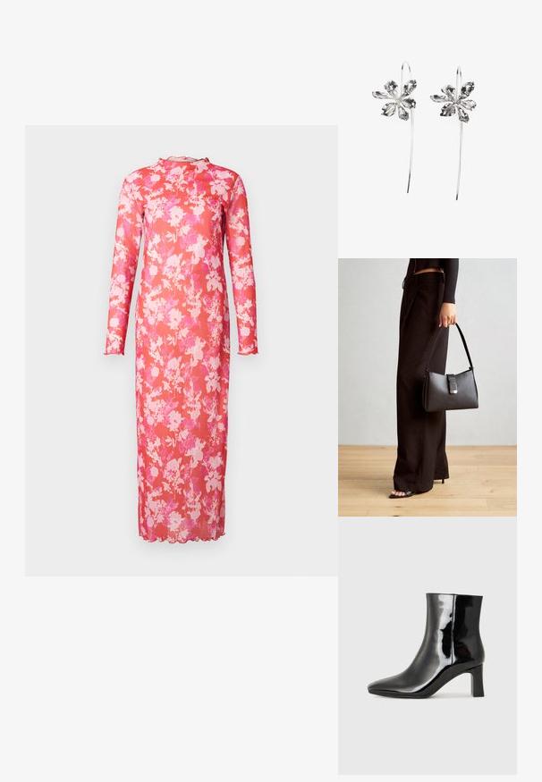 Lang blomstret kjole i gjennomsiktig rosa stoff, med høy hals, lange ermer og bølgete kant, prydet med et livlig mønster av rosa og hvite blomster.; Sorte patentlær ankle boot med spiss tå og en mellomhøy blokkhelt. Glatt tekstur og minimalistisk design.; Svart håndveske med strukturert form, jevn tekstur og metallisk lås. Kombinert med brede svarte bukser og sandaler med åpen tå på tregulv.; Sølvblomstformede ørevipper med en teksturfinish, der har lange kroker og kronbladlignende detaljer for et intrikat design.