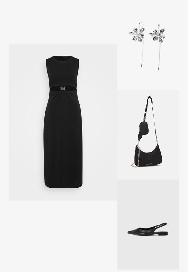 Juodas be rankovių suknelė su išpjova juosmens srityje, kurioje yra kvadratinis sidabrinis sagtis, pagaminta iš lygaus audinio su prigludusia siluetu.; Juoda žema pakulnė su atvira kulkšnimi, smailiu pirštu ir plonu elastingu dirželiu, minimalistinio dizaino ant baltos fono.; Juodas nailoninis peties krepšys su išlenkta forma, sidabro grandine akcentu, nuimamu mini maišeliu ir reguliuojama dirželiu; turi "Steve Madden" logotipą.; Sidabrinės gėlių formos auskarai su tekstūruotu paviršiumi, turintys ilgas kabliuko formas ir žiedlapiams panašius detalizavimo elementus, sudarantys sudėtingą dizainą.