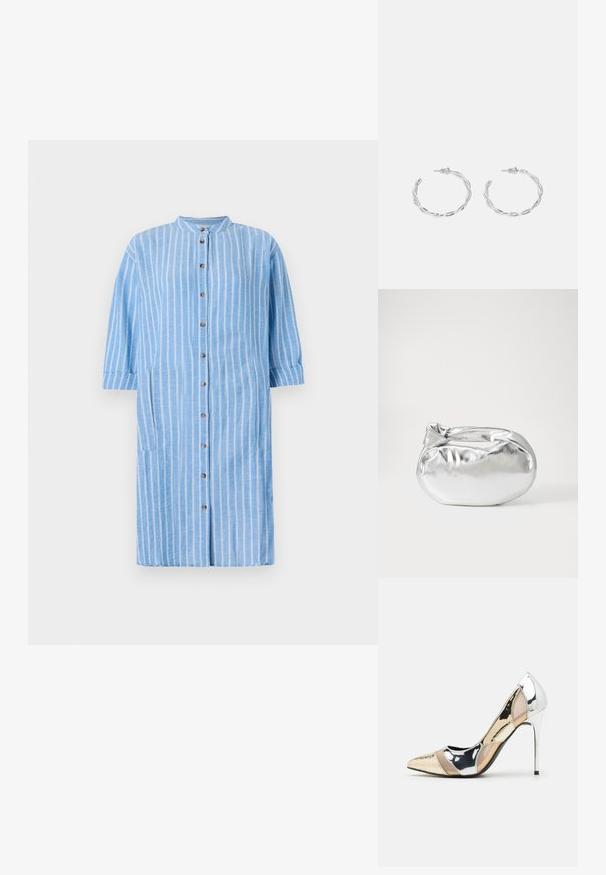 Šviesiai mėlyna medvilninė suknelė, papuošta baltomis vertikaliomis juostelėmis, suapvalintu apykaklės dizainu, trijų ketvirčių manžetais ir priekiu su sagomis; turi šonines kišenes.; Aštrus pirštas aukštakulnis batelis su sidabro, aukso ir nuogų spalvų deriniu. Blizgus paviršius su išpjovos dizainu, su stiletto kulnu.; Sidabrinė metalinė maišelio forma su švelnia, apvalia forma ir mazgu užveriamu viršumi. Pagaminta iš lygios dirbtinės odos medžiagos.; Sidabriniai auskarai žiedai su sukto dizaino, turintys poliruotą apdailą ir fiksavimo smeigtuką. Skersmuo maždaug 3 cm.