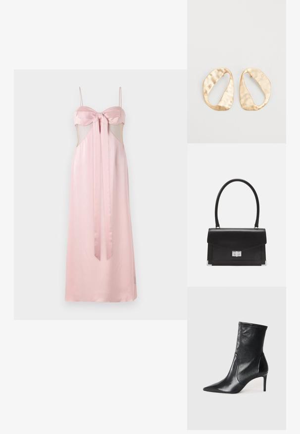 Roosa satiinkleit kitsaste rihmadega, nööridega rindade juures ja läbipaistvate külje lõigete detailidega. Põrandani ulatuv ja sileda tekstuuriga.; Mustad mustajalatsid, mis on valmistatud siledast nahast, omavad teravat nina, kitsast varre ja peenikest kõrget kontsa. Minimalistlik disain, ilma nähtava riistvaraeta.; Mustmust mustkott mustmustu kujundusega, ülemise käepidemega ja hõbedase sulgemisega. Omab nurkades aktsente ja sujuvat tekstuuri.; Eba paar eba ebaorditud ovaalkujulisi kuldehhe kaal setertu, kerge keersuju pinnaga valgel taustal.