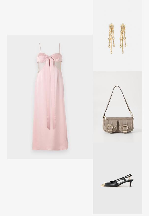 Abito di raso rosa con spalline sottili, dettaglio a fiocco sul décolleté e ritagli trasparenti sui lati. Lungo fino al pavimento con una texture liscia.; Scarpe slingback in pelle nera con punta affusolata e tacco metallico dorato. Presentano un design con ritagli e un tacco sottile con cinturino regolabile.; Borsa a tracolla beige con texture, cinturino regolabile, due tasche frontali chiuse da fibbie e dettagli in metallo dorato. Chiusura a zip nella parte superiore.; Orecchini dorati con molteplici catene a cascata, dotati di accenti in strass ovali trasparenti e parte superiore decorativa a perno.
