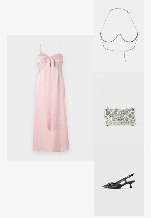 Abito di raso rosa con spalline sottili, dettaglio a fiocco sul décolleté e ritagli trasparenti sui lati. Lungo fino al pavimento con una texture liscia.; Scarpa slingback nera in pelle con punta affusolata, cinturini decorativi con occhielli metallici e tacco basso a blocco. Superficie testurizzata.; Borsa a tracolla in metallo argento con manico a catena, texture trapuntata, cuciture decorative e chiusura zip. Presenta dettagli in rilievo sul fronte.; Cult Gaia ASHA BODY JEWELRY - Altri accessori - bright shiny silver-coloured
