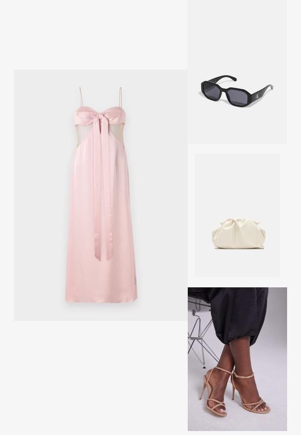 Abito di raso rosa con spalline sottili, dettaglio a fiocco sul décolleté e ritagli trasparenti sui lati. Lungo fino al pavimento con una texture liscia.; Sandali con tacco beige decorati con cristalli, caratterizzati da una punta aperta, sottili cinturini e un silhouette elegante.; Occhiali da sole neri con montatura ottagonale, lenti scure, materiale plastico lucido e un accento con logo argento su un lato.; Borsa in ecopelle color crema, morbida, con design arricciato, tracolla regolabile e chiusura a coulisse discreta. Texture liscia e forma arrotondata.; Orecchini metallici dorati con un design ondulato; superficie liscia e riflettente; forma asimmetrica; nessun motivo o hardware visibile.