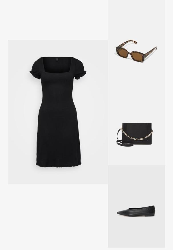 Melna kleita ar kvadrātveida dekoltē un īsām pūkainām piedurknēm. Izgatavota no ribota auduma, tai ir platāks apakšmalas izskats ar viļņotām malām.; Melna ādas baleta kurpe, ar norādītu purngalu, minimālisma dizains, gluda tekstūra, zema papēža augstums, bez redzamiem aksesuāriem vai rotājumiem.; Tērpu apvalka saulesbrilles ar noapaļotu, masīvāku rāmi un brūnām lēcām. Satur smalkas rakstības un taisnas, sašaurinātas kājas.; Melna ādas crossbody soma ar gludu faktūru, taisnstūrveida formu un metalizētu ķēdes detaļu priekšā. Iekļauta regulējama siksna.