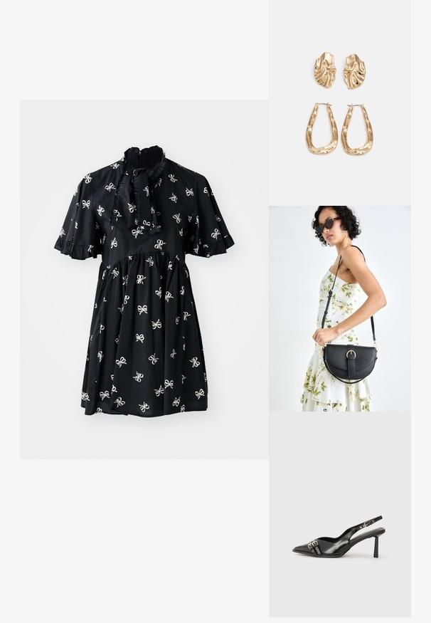 Vestido preto com mangas curtas, apresentando padrões de laços brancos, detalhes franzidos, um decote alto e uma cintura franzida.; Sapato slingback preto em pele patentada com bico apontado, tiras no tornozelo apresentando fivelas e acessórios prateados, e um salto elegante.; Bolsa de couro preta com forma curva, alça destacável e detalhes em dourado. A bolsa possui uma aba com detalhe de fivela.; Brincos em tom de ouro com formas onduladas e texturizadas. Inclui studs escultóricos com presilha e um design de argola aberta com um acabamento martelado.