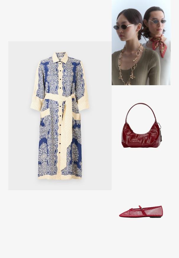 Rochie cambrată cu guler, având o combinatie de culori bleumarin și crem, modele florale, buline, mâneci până la trei sferturi și o curea la talie.; Balerini roșii din plasă cu vârful ascuțit, prezentând o curea subțire și un detaliu cu cataramă. Partea superioară are un model deschis, în formă de fagure.; Ochelari de soare rotunzi cu lentile închise și rame subțiri din argint. O persoană poartă un colier din lanț de aur, în timp ce cealaltă are o eșarfă cu un model roșu.; Geantă de umăr bordeaux, fabricată dintr-un material lucios, având o formă curbată și o textură plisată. Dispune de un mâner scurt și o închidere cu fermoar vizibil.