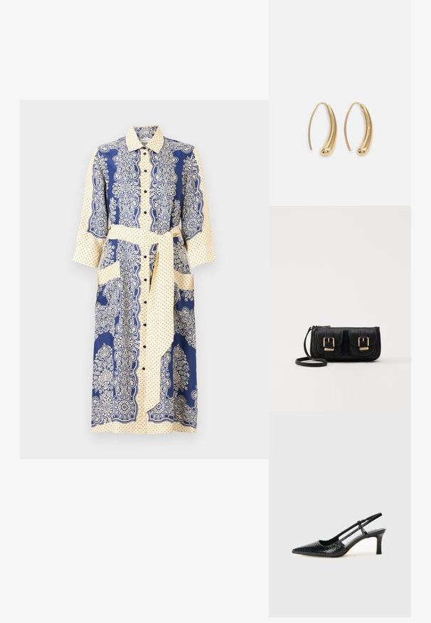 Knap-up skjortekjole med en marineblå og cremefarvet farveskema, blomster mønstre, polka prikker, trekvart ærmer og bælte i taljen.; Sorte patent slingback hæl med spids tå, prydet med tekstureret slangeskindsmønster, justerbar rem og en kort, tekstureret blokhæl.; Sort læder crossbody taske med to frontlommer, guldspænder, lynlåslukning og en slank rem. Struktureret overflade og kompakt rektangulær form.; Guldfarvede metal hoops øreringe med en bøjet, forlænget form. Har en glat, skinnende overflade og en afrundet spids for ekstra detalje.
