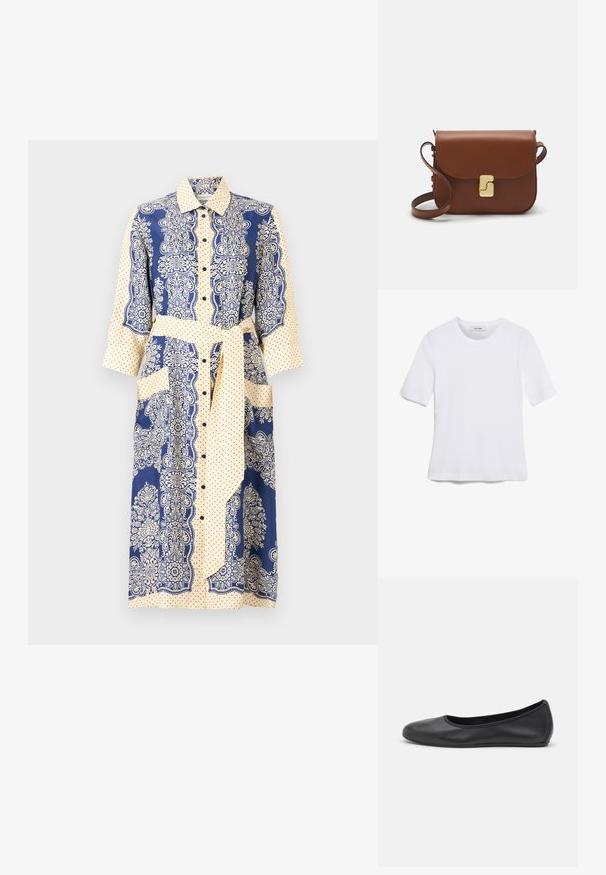 Robe chemise à boutons avec une palette de couleurs bleu marine et crème, motifs floraux, pois, manches trois-quarts et une ceinture à la taille.; T-shirt blanc à manches courtes en tissu côtelé. Col rond, coupe régulière et détails de couture subtils. Aucune motif ni graphique.; Ballerines en cuir noir avec un bout rond, texture lisse, détails de couture minimalistes et design de semelle flexible.; Sac à main en cuir marron avec une fermeture à rabat, des accents en métal doré, une bandoulière et une texture lisse. Forme rectangulaire compacte.
