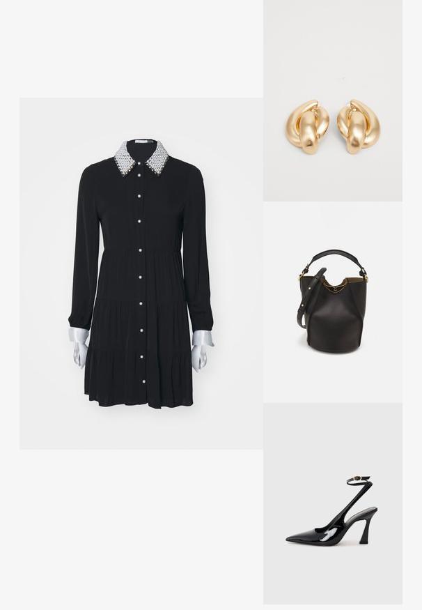 Černé dlouhé šaty s vrstveným designem, perlami vyzdobeným límcem, stříbrnými manžetami a zapínáním na knoflíky vpředu. Hladká, lehká látka.; Černé lakované kožené lodičky na pásku s špičatou špičkou, nastavitelným páskem kolem kotníku a mírným blokovým podpatkem. Hladký povrch s lesklým finišem.; Černá kožená kabelka ve tvaru vědra s texturovaným povrchem, zlatými kovovými akcenty a otevřeným vrchem. Obsahuje krátkou rukojeť a nastavitelný ramenní popruh.; Náušnice ve zlatém tónu z kovu s točeným designem a hladkým, lesklým povrchem a zaoblenými tvary. Každá měří přibližně 5 cm.