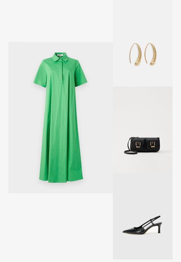 Zaļš kokvilnas kleita ar apkakli, īsām piedurknēm un brīvu, grīdas garuma siluetu. Gluda tekstūra bez redzamām rakstu detaļām.; Melna patent āda ar slīdošo papēdi un smailo purngalu, ar teksturētu čūsku drukājumu, regulējamu siksniņu un īsu teksturētu blokpapēdi.; Melnas ādas crossbody soma ar divām priekšējām kabatām, zelta sprādzēm, ar rāvējslēdzēju aizdari un šauru siksnu. Strukturēta virsma un kompakta taisnstūra forma.; Zelta toņu metāla gredzena auskari ar izliektu, pagarinātu formu. Ar gludu, spīdīgu virsma un noapaļotu galu papildu detaļām.