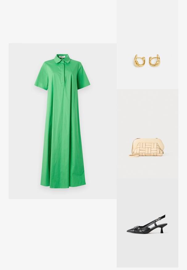 Žalia medvilninė suknelė su apykakle, trumpomis rankovėmis ir laisvu, grindjuostiniu siluetu. Lygus paviršius be matomų raštų.; Juodas odinis slingback tipo batai su smailiu priekiniu atvartu, dekoratyvinėmis sagtimis su metaliniais akyčiais ir žemu blokiniu kulnu. Saldus paviršius.; Austintais bežinis rankinukas su struktūrizuotu dizainu, turintis lygią viršutinę dalį ir ilgas diržas. Tekstūruoti elementai pagerina bendrą išvaizdą.; Auksiniai auskarai-žiedai su lygiu, apvaliu dizainu ir blizgiu paviršiumi. Auskarai turi kompaktišką, masyvų forma ir be siūlių užsegimą.