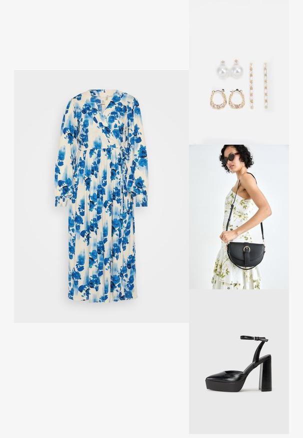 Duga cvjetna haljina u bijeloj boji s plavim i tamnoplavim cvjetnim uzorcima. Ima kroj s preklopom, duge rukave i pojas koji se vezuje.; Crne platforme s potpeticom s oštrim vrhom i podešivom naramenicom. Izrađene od glatke kože, s masivnom blok petom.; Crna kožna torba s lukovitim oblikom, odvojivim remenom i zlatnim detaljima. Torba ima preklop s kopčom.; Tri para naušnica: velike bijele biserne naušnice, zlatne kružne naušnice s prozirnim draguljima i dva duga, ravna zlatna naglasna naušnica s sjajnim detaljima.