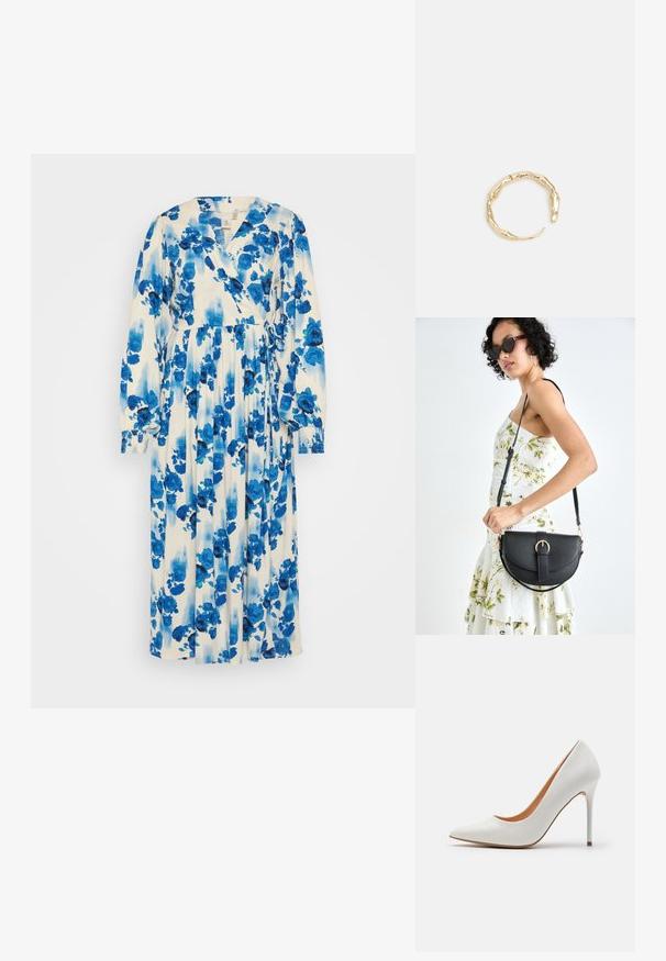 Pikk lilleline kleit valge taustaga sinise ja tumeda sinise lillemustriga. Omab ümber käiva disaini, pikki varrukaid ja seotud vööntu.; Valge lakitud nahk kõrge kontsaga pump, millel on terav nina ja peen stiletto konts, millel on sile tekstuur ja beež sisemus.; Mustmust mustraha kõverate joontega, eemaldatava rihmaga ja kuldsete detailidega. Kotil on klapp, millel on pandladetail.; Kuldtoonis sõrmus, millel on orgaaniline, keerdunud disain sileda tekstuuri ja kitsenevate otstega, luues kaasaegse skulptuurilise välimuse.