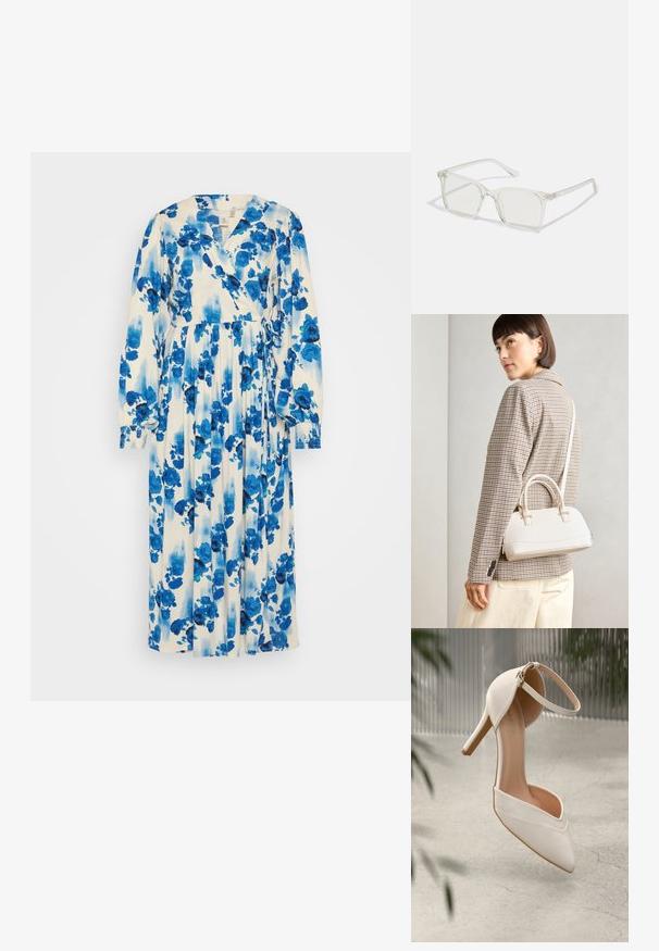 Vestido floral longo em branco com padrões de flores azuis e azul-escuro. Apresenta um design envolvente com mangas longas e uma cintura amarrada.; Shoe de salto alto branco em material suave com bico pontudo e tira no tornozelo. Apresenta um interior em tom claro de bege e detalhes em tom dourado.; Óculos quadrados de plástico transparente com lentes translúcidas, apresentando detalhes em dourado nas hastes.; Bolsa estruturada branca com alças curtas e uma alça de ombro, com detalhes em hardware dourado e material texturizado, exibida contra um fundo cinza.