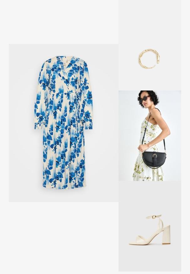 Pikk lilleline kleit valge taustaga sinise ja tumeda sinise lillemustriga. Omab ümber käiva disaini, pikki varrukaid ja seotud vööntu.; Kreemivärvilised kontsad avatud varbaga, paks plokknakka, õhuke pahkluuring ning tagasihoidlik sära. Buckle aktsent rihmal.; Mustmust mustraha kõverate joontega, eemaldatava rihmaga ja kuldsete detailidega. Kotil on klapp, millel on pandladetail.; Kuldtoonis sõrmus, millel on orgaaniline, keerdunud disain sileda tekstuuri ja kitsenevate otstega, luues kaasaegse skulptuurilise välimuse.