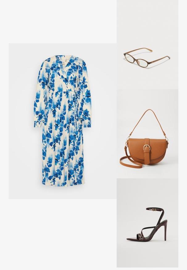 Hosszú virágmintás ruha fehér alapon kék és sötétkék virágmintákkal. Ráncolt kivitel, hosszú ujjak és megkötős derék jellemzi.; Burgundi színű lakkbőr magassarkú szandál bokapánttal, hegyes orral és három vízszintes pánttal a lábfejen. Aranyszínű csat részlet.; Barna teknős páncélmintás szemüveg, ovális lencsékkel, vékony szárakkal és átlátszó részletekkel. A templomon diszkrét logó található. Elegáns, könnyű dizájn.; Barna bőr keresztbody táska ívelt formával, aranyszínű fémrészekkel és csat díszítéssel. Levehető vállpánttal rendelkezik.