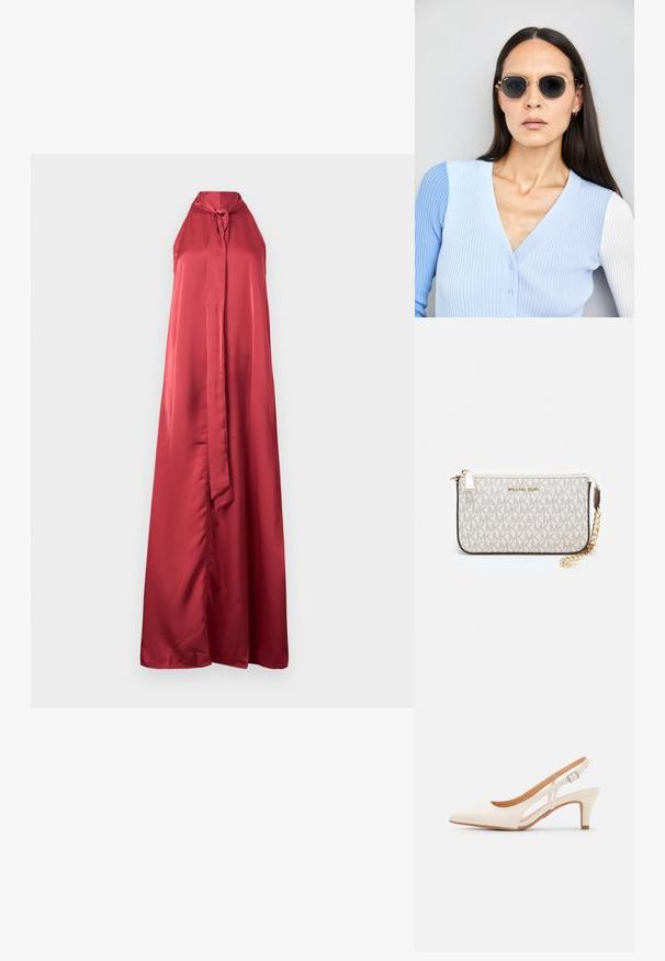 Červené saténové šaty s halter výstřihem a dlouhým, splývavým střihem. Obsahují zavázaný detail na výstřihu a jemnou texturu.; Bílé lodičky na podpatku s špicatou špičkou, hladkým svrškem, nízkým blokovým podpatkem a designem s bočním výřezem se stahovací sponou.; Kulaté sluneční brýle s tmavými čočkami a zlatými rámy. Modelka má na sobě světle modrý žebrovaný kardigan s knoflíky a kontrastními bílými rukávy.; Kabelka na zápěstí Michael Kors v béžové potažené plátno s opakujícím se vzorem loga MK, zlatými kovovými doplňky a odnímatelným řetízkovým popruhem.