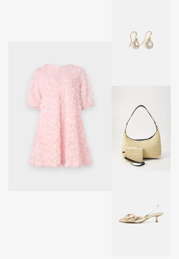 Vestido rosa con tela estampada de rosas, escote en V, mangas cortas abullonadas, silueta acampanada, acabado texturizado y material suave y ligero.; Zapatos slingback metálicos dorados con punta afilada, que presentan un acabado texturizado, un detalle de lazo decorativo y un tacón cuadrado bajo.; Bolso de paja tejido con una silueta curva, que cuenta con una suave correa de cuero negro y un pequeño estuche a juego, sujeto por una correa de muñeca.; Pendientes en tono dorado con cristales transparentes en forma ovalada rodeados de piedras transparentes más pequeñas, con un diseño de gancho para un uso seguro.