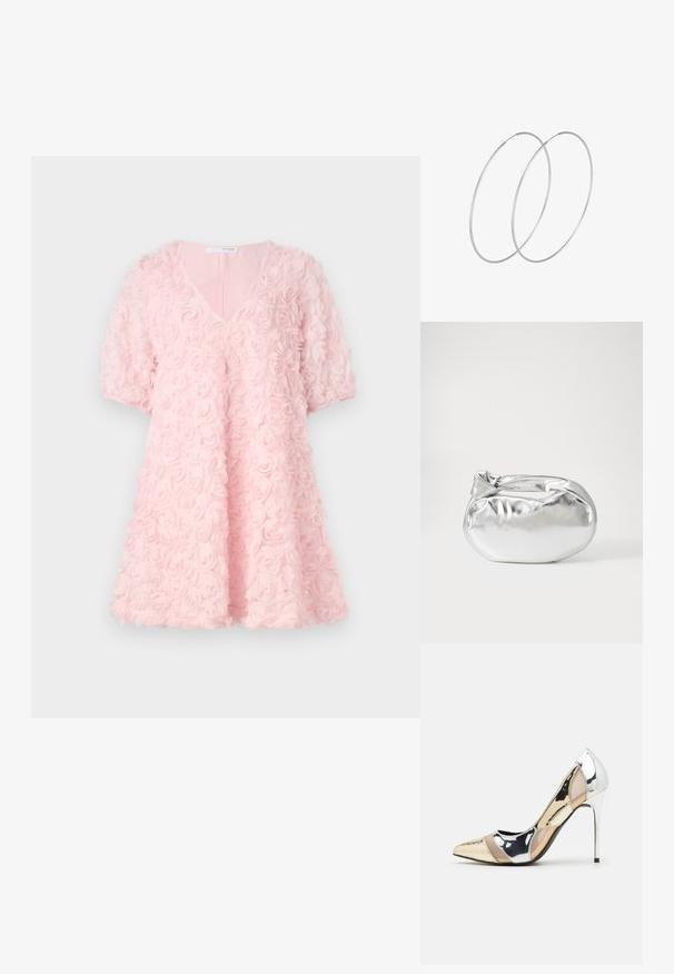 Vaaleanpunainen mekko, jossa on ruusukuosiset kangas, V-kotelo, lyhyet puffihihat, levenevä siluetti, teksturoitu pinta ja pehmeä, kevyt materiaali.; Korkokenkät, joissa on terävä kärki ja hopea, kultainen sekä nude-väriyhdistelmä. Kiiltävä pinta ja leikkausdesign, varustettuna stikettikorkealla.; Hopeapintainen metallinen pussilaukku, jolla on pehmeä, pyöreä muoto ja solmittava yläosa. Valmistettu sileästä tekonahkamateriaalista.; Hopehope hopeilla, joissa on minimalistinen muotoilu. Pyöreä muoto, sileä pinta ja ohut profiili. Kevyet ja kiillotetut.