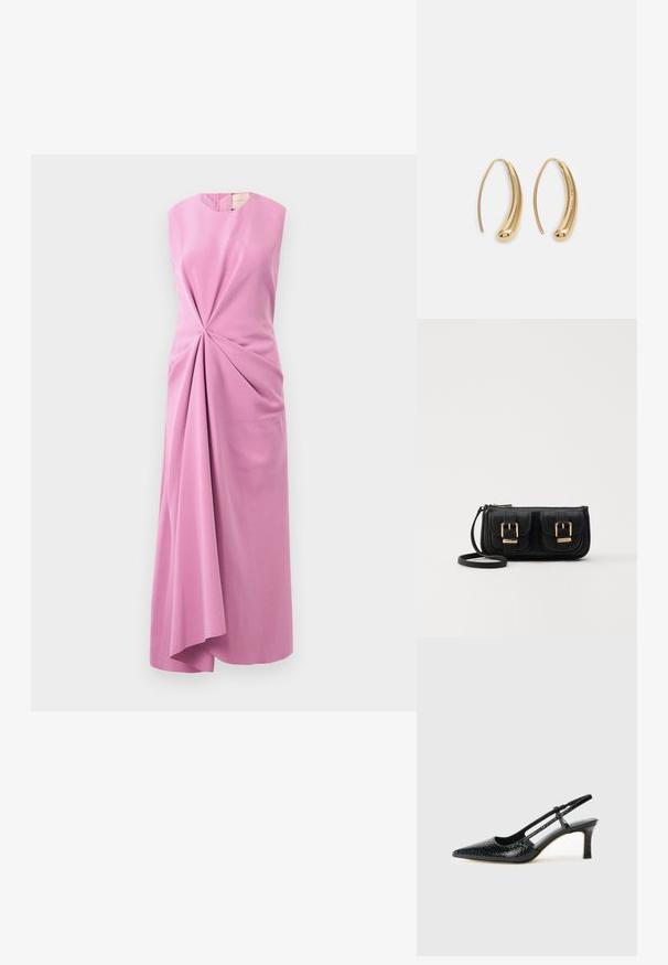 Αμάνικο φόρεμα σε ανοιχτό ροζ ύφασμα, διαθέτει στριμμένο μπροστινό σχέδιο και ασύμμετρο στρίφωμα, λεία υφή με απαλή γυαλάδα.; Μαύρη πατέντα σλινγκμπάκ γόβα με μυτερή μύτη, διαθέτει υφή από φίδι, ρυθμιζόμενο λουρί και κοντή, υφή τετράγωνη φτέρνα.; Μαύρη δερμάτινη τσάντα ώμου με δύο μπροστινές τσέπες, χρυσά κούμπωματα, κλείσιμο με φερμουάρ και λεπτό λουρί. Υφή επιφάνειας και κομψό ορθογώνιο σχήμα.; Χρυσές μεταλλικές σκουλαρίκια κρίκοι με καμπυλωτό, ελκυστικό σχήμα. Περιλαμβάνουν μια λεία, γυαλιστερή επιφάνεια και στρογγυλή άκρη για πρόσθετη λεπτομέρεια.