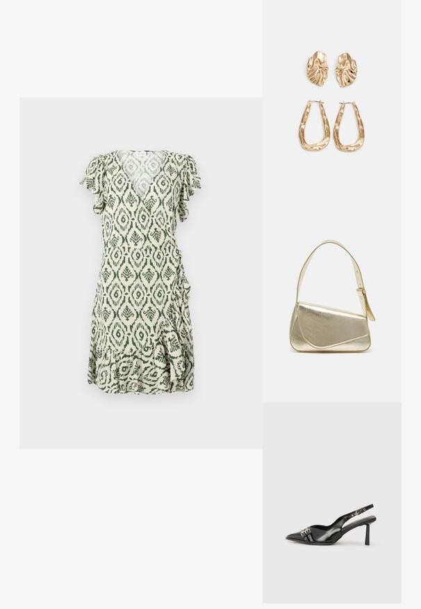 Vestido de estampado verde y blanco con mangas cortas tipo volantes, escote en V, diseño envolvente y dobladillo con volantes. Tejido ligero con un acabado texturizado.; Zapato de charol negro tipo slingback con punta afilada, correas al tobillo con hebillas y herrajes de plata, y un tacón delgado.; Bolso de mano metálico dorado con un diseño estructurado, textura suave y correa ajustable. Presenta una forma triangular única y un cosido minimalista.; Pendientes en tono dorado que presentan formas texturizadas y onduladas. Incluyen aros de clip esculturales y un diseño de aro abierto con un acabado martillado.