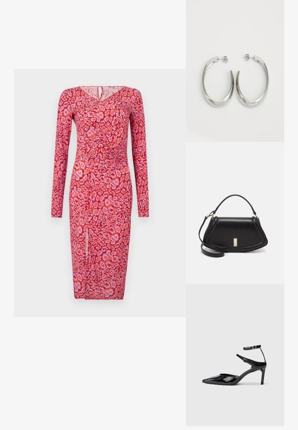 Rochie roșie cu mânecă lungă, cu un model de imprimeu leopar, decolteu în V și o fanta pe lateral, fabricată dintr-un material neted și elastic.; Cizme cu toc din piele lacuită neagră, cu vârf ascuțit, curele reglabile la gleznă și un toc subțire. Textură netedă cu un finisaj lucios.; Geantă de umăr din piele neagră, cu un design structurat, având o formă tăiată, mânere superioare și accente din aur. Include o curea de umăr ajustabilă.; Cercei din argint, cu un design neted și curbat. Prezintă o finisare metalică strălucitoare și închidere cu stud. Fără modele sau accente vizibile.