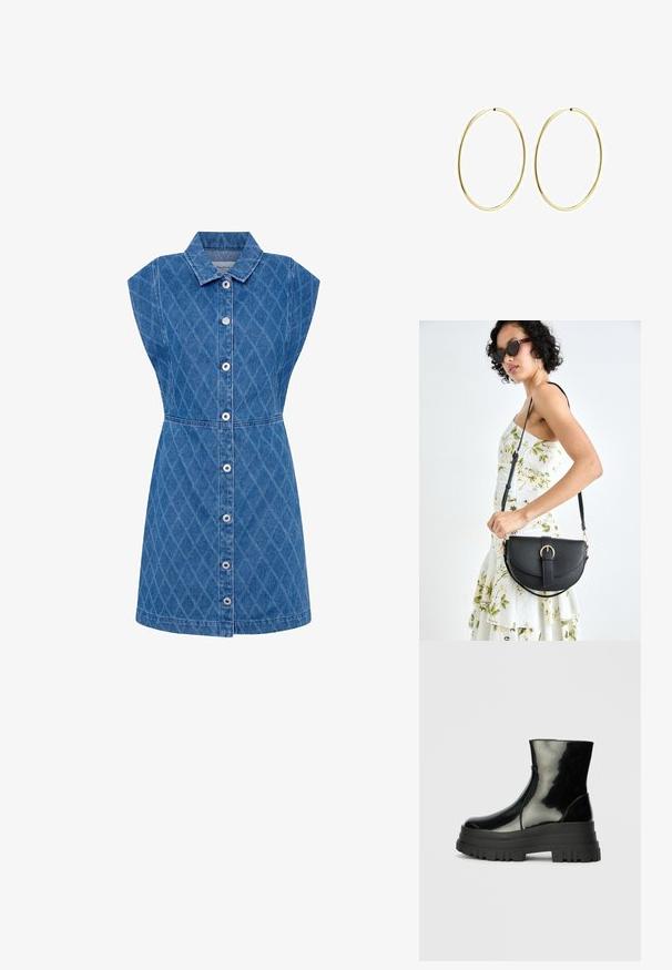 Traper haljina s ovratnikom, teksturom u obliku dijamanta, kratkim rukavima i dugmadima sprijeda. Plave boje, uskog struka, do koljena.; Crna sjajna čizma do ankleta s debelim zupčastim potplatom i zaobljenim vrhom, bočni pogled na jednostavnoj svijetlosivoj pozadini.; Crna kožna torba s lukovitim oblikom, odvojivim remenom i zlatnim detaljima. Torba ima preklop s kopčom.; Zlatne naušnice u obliku kružne petlje, s glatkim i zaobljenim dizajnom. Tanke su i lagane, s kontinuiranom petljom bez dodatnih ukrasa.