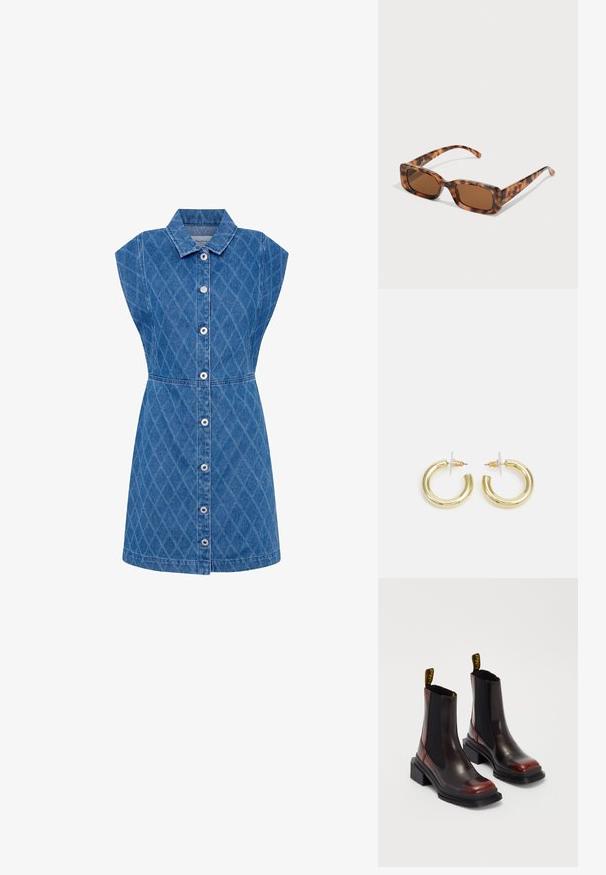 Denimkleit, millel on kraega kaelus, teemandimuster, lühikesed varrukad ja nupuga ees sulgemine. Sinine värv, kitsas talje, põlvikuni pikkus.; Dr. Martens MAYBOLE CHELSEA - Platvormtallaga poolsaapad - black/cherry red; Kilpkonna kestaga prillid, millel on ristkülikukujulised pruuni värvi objektiivid, paks raam ja peened käed, millel on erinevate pruunide toonide muster.; Kuldne rõngassõrmused sileda ja läikiva viimistlusega. Ringikujuline disain, millel on väike post ja selge tagumine külg, et tagada kindel kandmine.