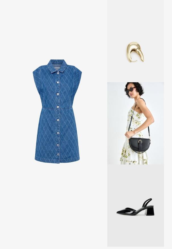 Džinsinė suknelė su apykakle, deimanto rašto tekstūra, trumpomis rankovėmis ir mygtukų užsegimu priekyje. Mėlyna spalva, prigludusi juosmuo, iki kelių.; Juodos lakuotos odinės šlepetės su smailiu pirštu ir geometriniu bloko kulnu. Turi elegantišką, minimalistinį dizainą ir lygų paviršių.; Juodas odinis krepšys su išlenkta forma, nuimamu dirželiu ir auksiniais detalėmis. Krepšys turi kilpą su sagtimi.; Aukso tono metalinės auskarai su stilingu, kreiviu dizainu. Išsiskiria ryškiu smailiu pavidalu, poliruota paviršiumi ir užsegimu su vyriu.