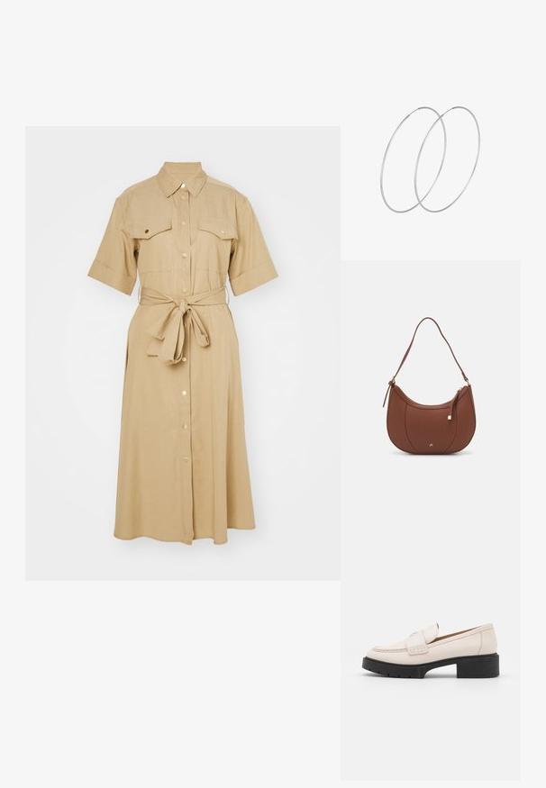 GANT - Sukienka koszulowa; Jasno beżowe skórzane mokasyny z haftowanym przodem i teksturowanym czarnym obcasem. Charakteryzują się zaokrąglonym kształtem i lekkim podniesieniem.; Brązowa torebka na ramię z eko-skóry o zaokrąglonym kształcie, z minimalnym przeszyciem i złotym akcentem na okuciach. Posiada zamek błyskawiczny u góry oraz regulowany pasek.; Srebrne kolczyki w formie obręczy o minimalistycznym designie. Okrągły kształt, gładka faktura i cienki profil. Lekkie, z polerowanym wykończeniem.