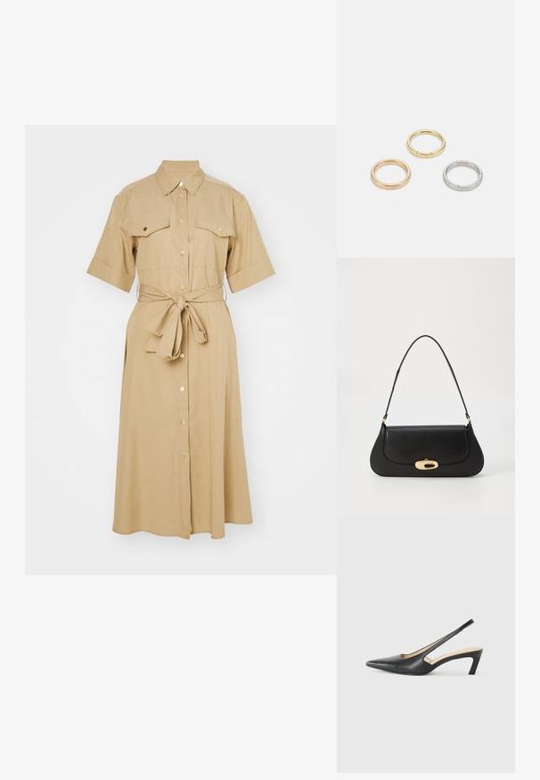 GANT REG UTILITY SHIRT DRESS - Vestido camisero - dark khaki; Zapato negro de punta afilada tipo slingback con un tacón bajo, que presenta un material de cuero suave y un diseño recortado en el lateral para mayor transpirabilidad.; Bolso de mano de cuero negro con un diseño curvado, herrajes en tono dorado y un mango superior. Presenta un cierre elegante y una textura suave.; Tres anillos de metal: uno de oro rosado, uno de oro con acentos texturizados y uno de plata, todos con marcas grabadas en la parte interior.