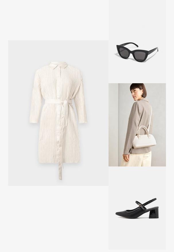Elfenben, langermet kjole med knapper foran, belte i midjen og teksturert, plissert stoff. Har klassisk krage og myk glans.; Sorte lakk lær slingback hæler med spiss tå, et avrundet utskjæringsdesign og blokkheel. Har en gulltone spenne som detalj.; Sorte katteau solbriller med mat finish, featuring grå tonede linser, skarpe vinkler og slanke sidearme. Merkenavn synlig på den indre armen.; Hvit strukturert håndveske med korte håndtak og skulderreim, med detaljer i gullfinish og teksturert materiale, vist mot en grå bakgrunn.