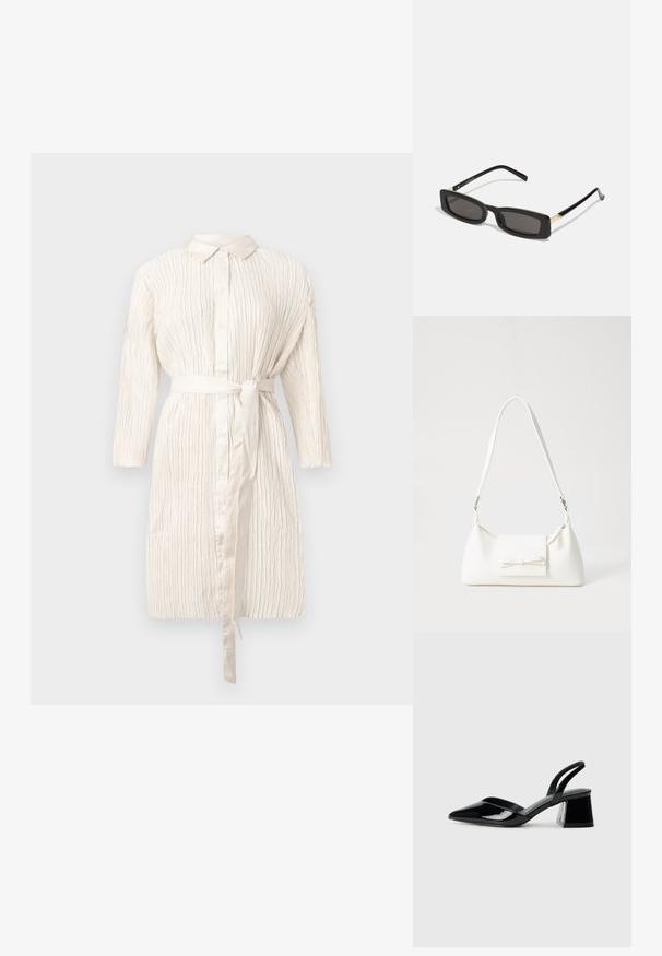 Elefántcsont színű, hosszú ujjú ruha gombos elejével, övvel a deréknál és texturált, pliszírozott anyaggal. Klasszikus gallérja és lágy fényű felülete van.; Fekete lakk bőr szandálkés magas sarkú cipő, hegyes orral és geometrikus tömbsarkakkal. Karcsú, minimalista dizájn és sima textúra jellemzi.; Fekete téglalap alakú napszemüveg sötét lencsékkel, fényes műanyag kerettel, arany díszítéssel az temples. Minimalista design és elegáns forma.; Fehér szintetikus kézitáska, háromszög alakú, lapos előlap, masni részlettel, állítható pánttal, sima textúrával és minimalista dizájnnal.