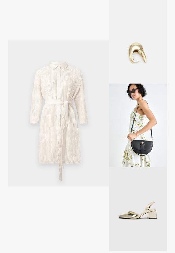 Elfenben, langermet kjole med knapper foran, belte i midjen og teksturert, plissert stoff. Har klassisk krage og myk glans.; Gull, metallisk slingback-hæler med spiss tå og chunky hæl. Glatt tekstur, minimalistisk design og en smal stropp.; Svart lærveske med en buet form, avtagbar stropp og gullbeslag. Vesken har et klaff med spenne-detall.; Gullfarget metalløredobber med et elegant, buet design. Har en karakteristisk spiss form, polert overflate og hengsel-lukking.