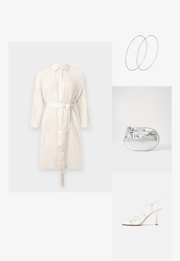 Ehe, pika-lange varrukatega kleit, millel on nööpidega esiosa, vöödiga talje ja tekstureeritud, volditud materjal. Omab klassikalist kraed ja pehmet sära.; Valge rihmadega kõrge kontsaga sandaal, millel on lamedad varbatoed, tekstuuriga esiosa kogutud detailidega ja kitsas pahkluu rihm.; Hõbedane metallikoti kott pehme, ümar kuju ja sõlme ülemise sulgemisega. Valmistatud siledast kunstnahast materjalist.; Hõbedased rõngastikkaehingad minimalistlikus disainis. Ümar kuju, sile tekstuur ja õhuke profiil. Kerged ning poleeritud viimistlusega.