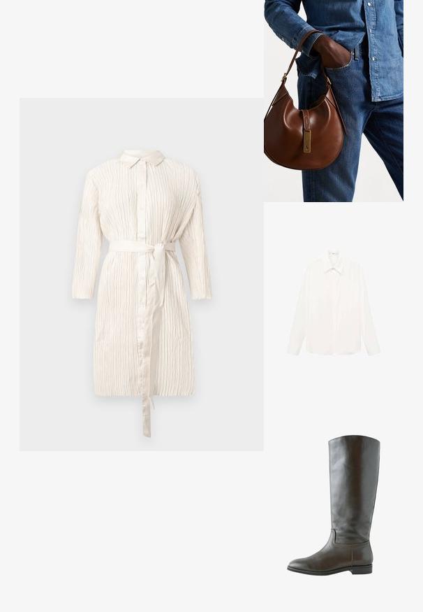 Wokół kolor kości słoniowej, długa sukienka z długim rękawem, zapinana na guziki z paskiem w talii i teksturowanym, plisowanym materiałem. Posiada klasyczny kołnierzyk i delikatny połysk.; Biała koszula z długim rękawem, z klasycznym kołnierzykiem, wykonana z lekkiego materiału, z przodem zapinanym na guziki i lekko luźnym krojem.; Brązowe skórzane wysokie buty do kolan o gładkiej teksturze, okrągłym nosku i minimalnych detalach szycia. Podeszwa jest płaska z niskim obcasem.; Brązowa skórzana torebka hobo w zaokrąglonym kształcie, z akcentami w złotym kolorze i kontrastowym przeszyciem. Połączona z dżinsową koszulą i spodniami dżinsowymi.
